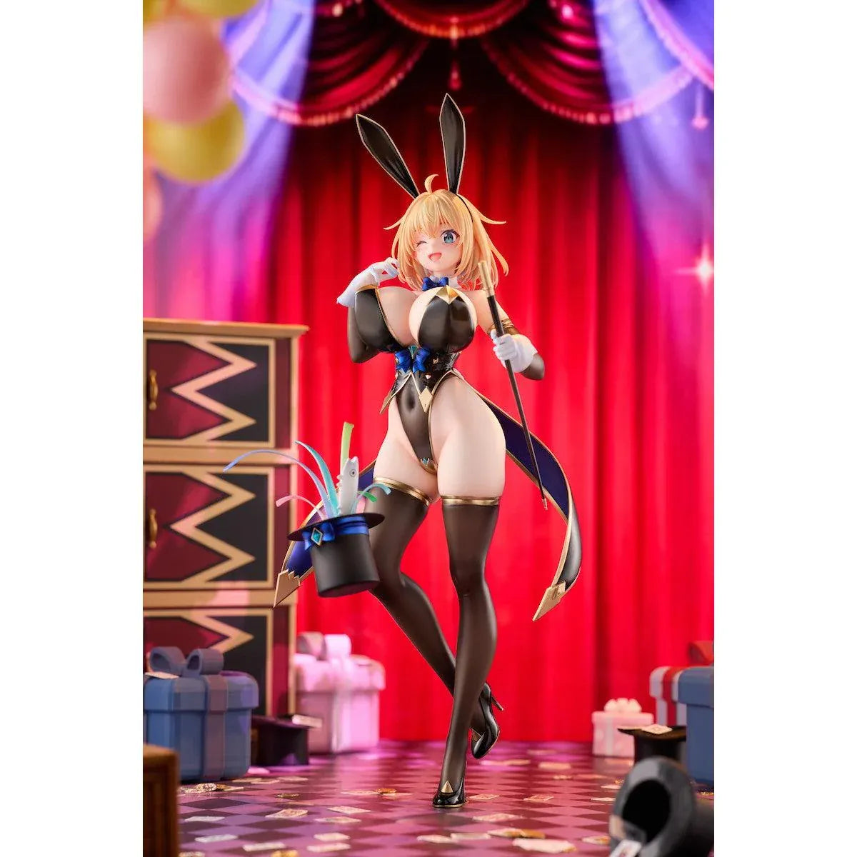 Nadare Takamine Illustration Sophia F. Shirring Magician Bunny Ver. 1/6 scale figure wearing a glossy black magician bunny outfit with a top hat and colorful ribbon effects