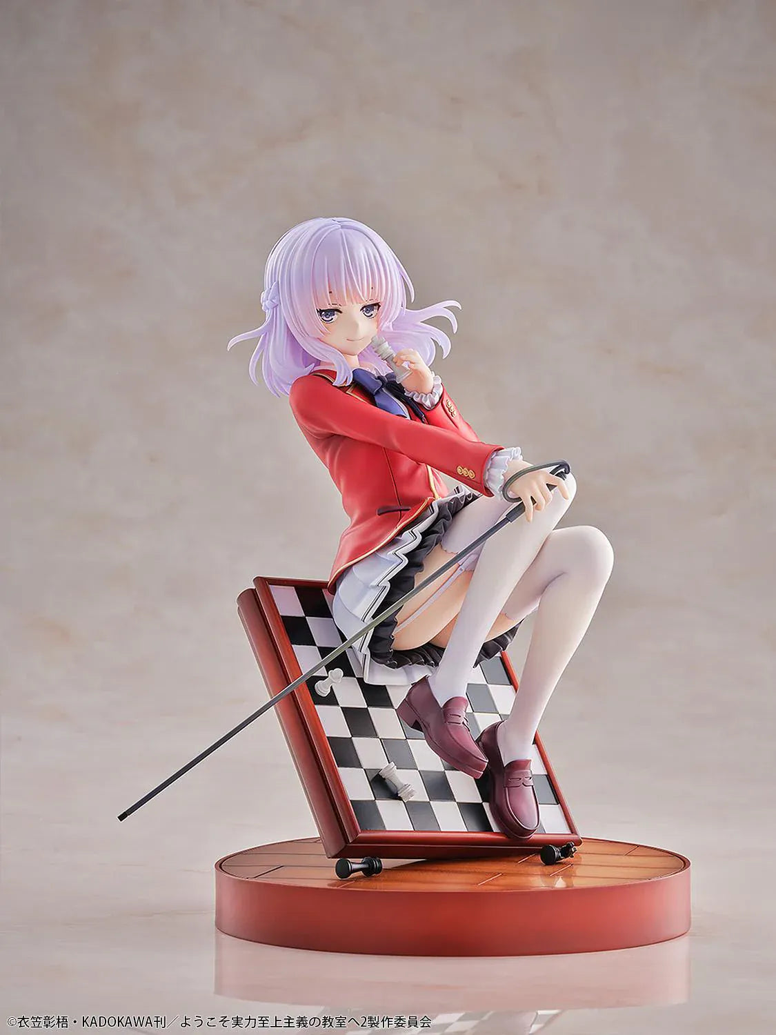 Classroom of the Elite Arisu Sakayanagi 1/7 Scale Figure featuring Arisu seated on a chessboard-style display with beret, red blazer, cane accessory, and round base.