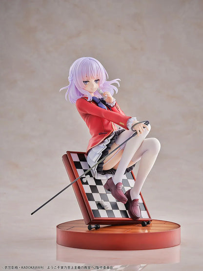 Classroom of the Elite Arisu Sakayanagi 1/7 Scale Figure featuring Arisu seated on a chessboard-style display with beret, red blazer, cane accessory, and round base.