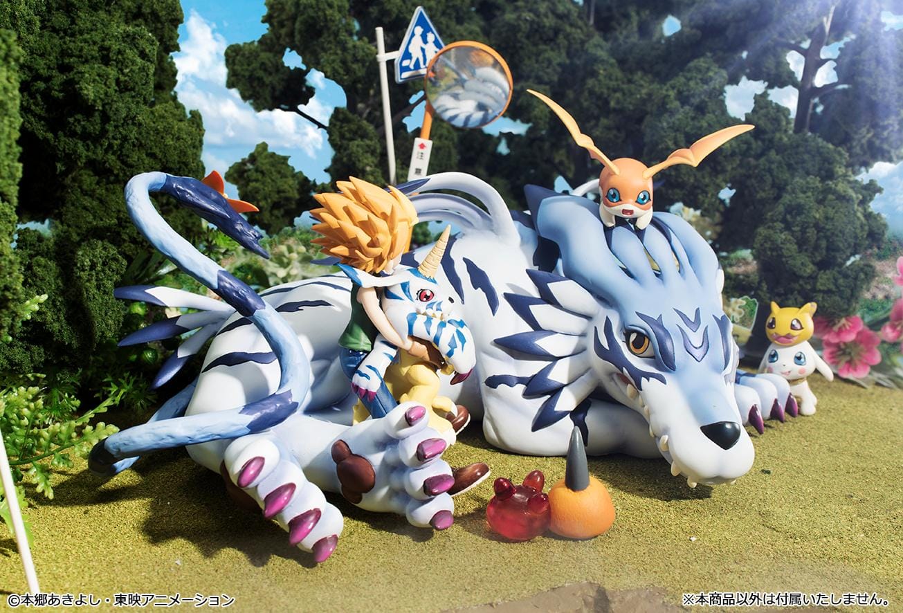 Digimon Adventure G.E.M. Series Garurumon and Ishida Yamato Rerelease figure with Garurumon in a crouched pose and Yamato seated beside him