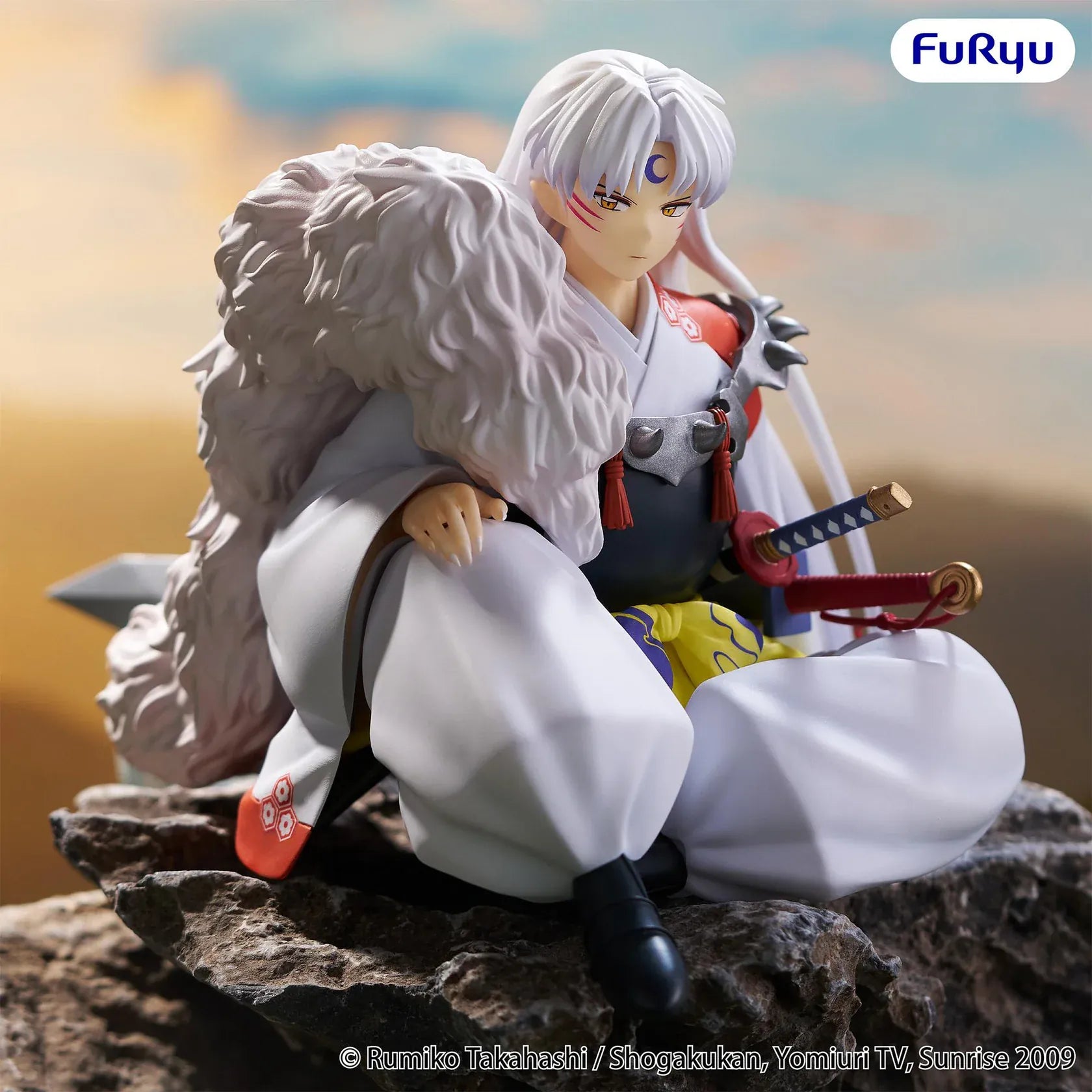 InuYasha Sesshomaru Vol. 2 Noodle Stopper Figure seated in white outfit with armor and fur pelt