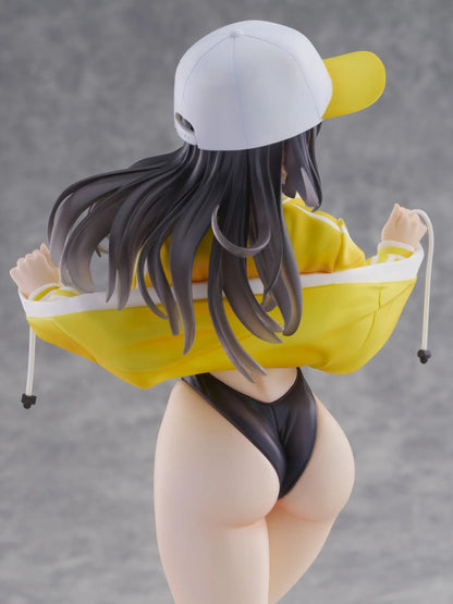 KoiKoi Sakura Kyou kara Suieibu Komon no Tama-chan Sensei 1/6 Scale Figure featuring a dark-haired anime woman with golden eyes wearing a black swimsuit, yellow athletic jacket, and white cap with a yellow brim, posing barefoot on a transparent circular base.