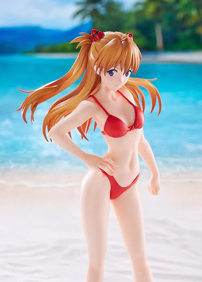 Rebuild of Evangelion POP UP PARADE BEACH QUEENS Asuka Shikinami Langley Bikini Style L Size Figure featuring Asuka with orange hair, blue eyes, and a red bikini.