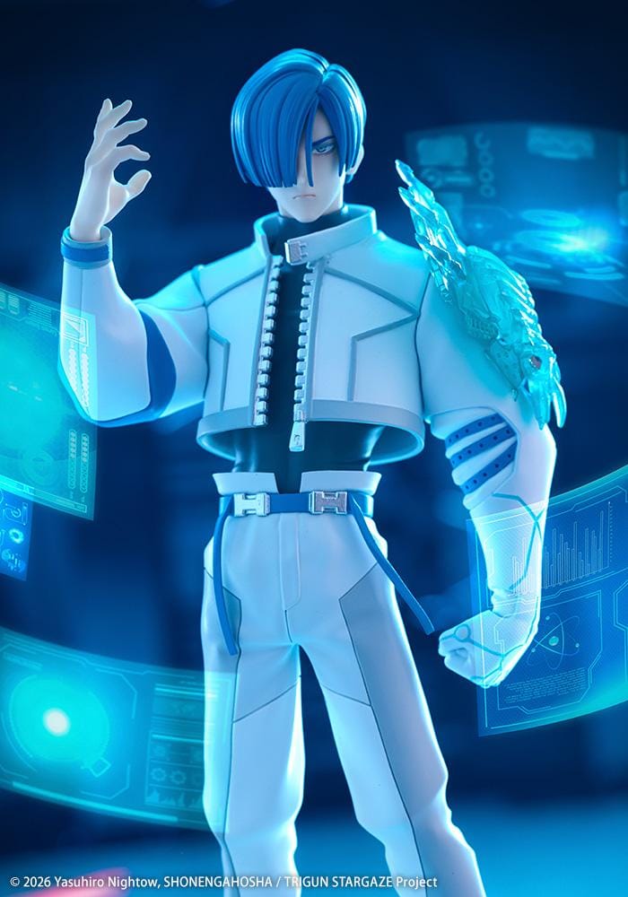 Trigun Stampede Oshi Works Legato Bluesummers figure featuring Legato in his white outfit with translucent blue enhanced arm effect