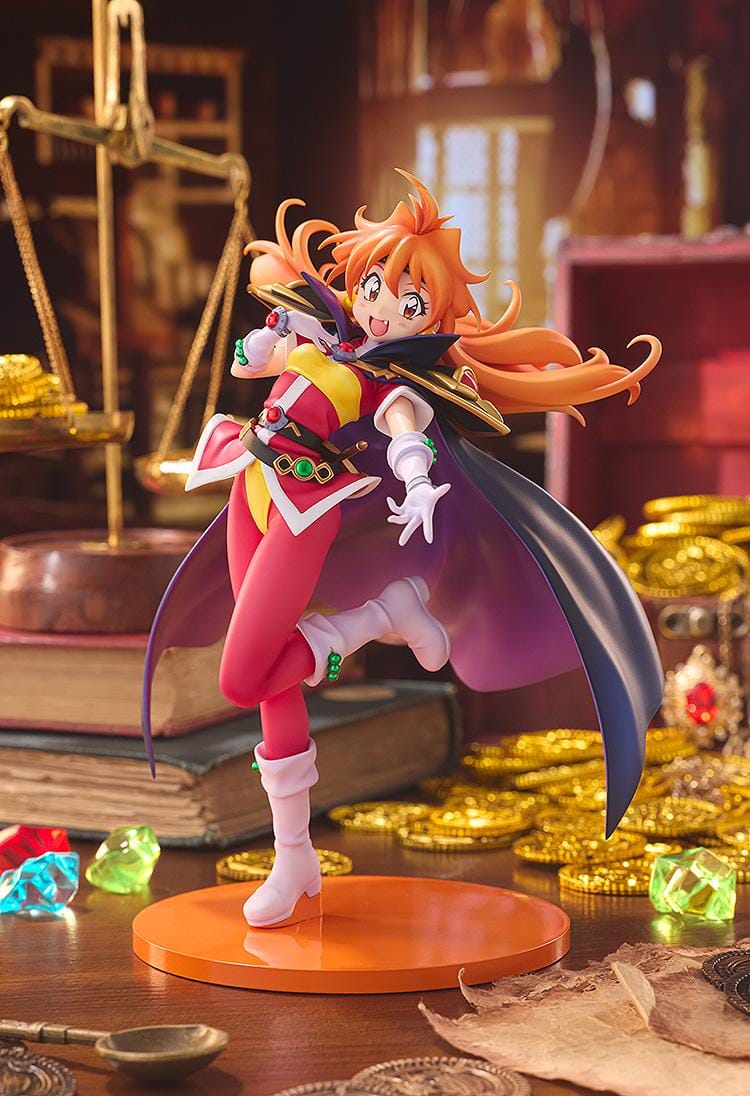Slayers Lina Inverse Light Novel Non-scale Figure featuring Lina with bright orange hair, red and yellow outfit, black cape, white boots, and an energetic fantasy pose.