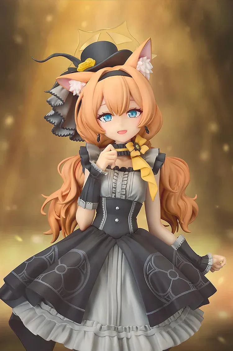 Scale figure of Mari from Blue Archive in her Pop Idol outfit, wearing a black and gray frilled dress with cat ears, hat, and ribboned heels on a yellow base.