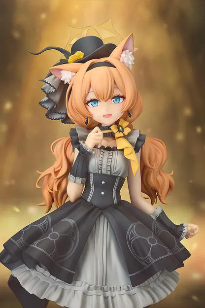Scale figure of Mari from Blue Archive in her Pop Idol outfit, wearing a black and gray frilled dress with cat ears, hat, and ribboned heels on a yellow base.