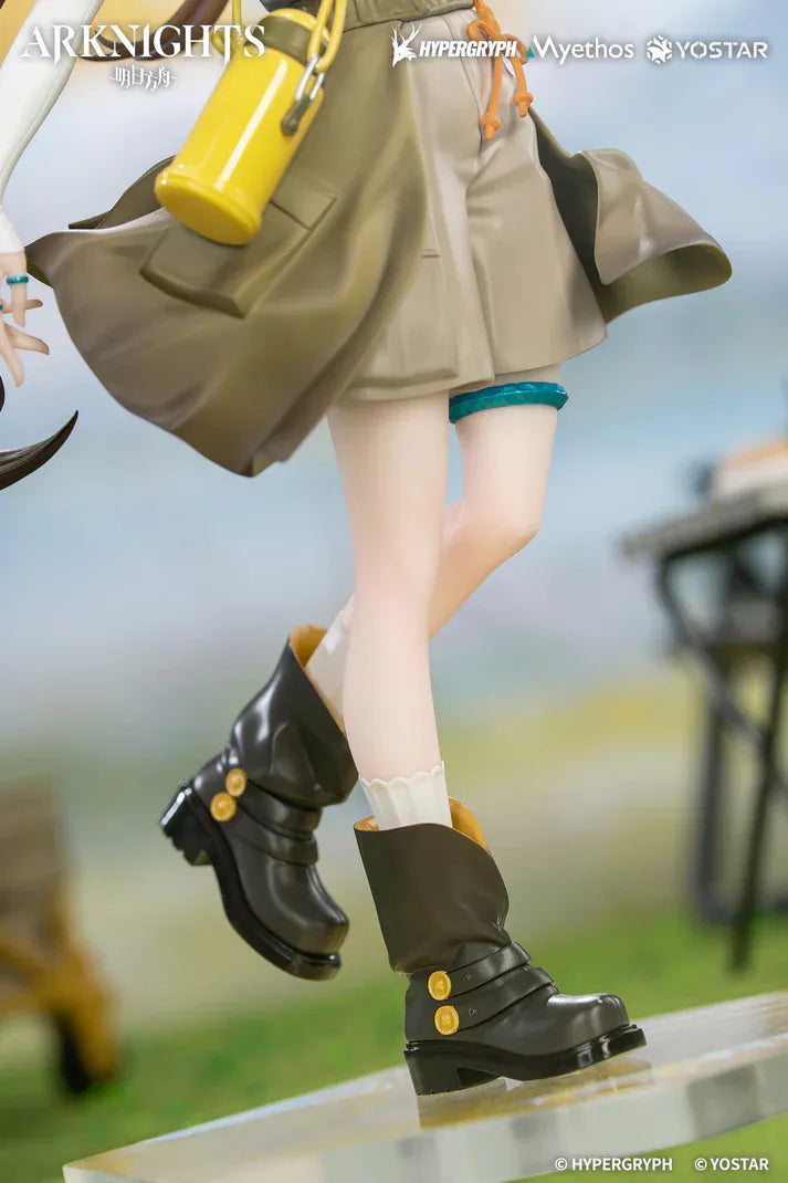 Arknights Gift+ Amiya Wildlight Wander Ver. 1/8 Scale Figure featuring Amiya with rabbit ears, hooded outfit, camera accessory, yellow bag, and themed display base.