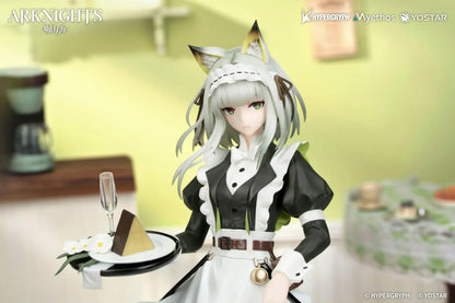 Kal'tsit The Remains of Time Ver. figure wearing a flowing black and white maid dress and holding a serving tray on a translucent green base.