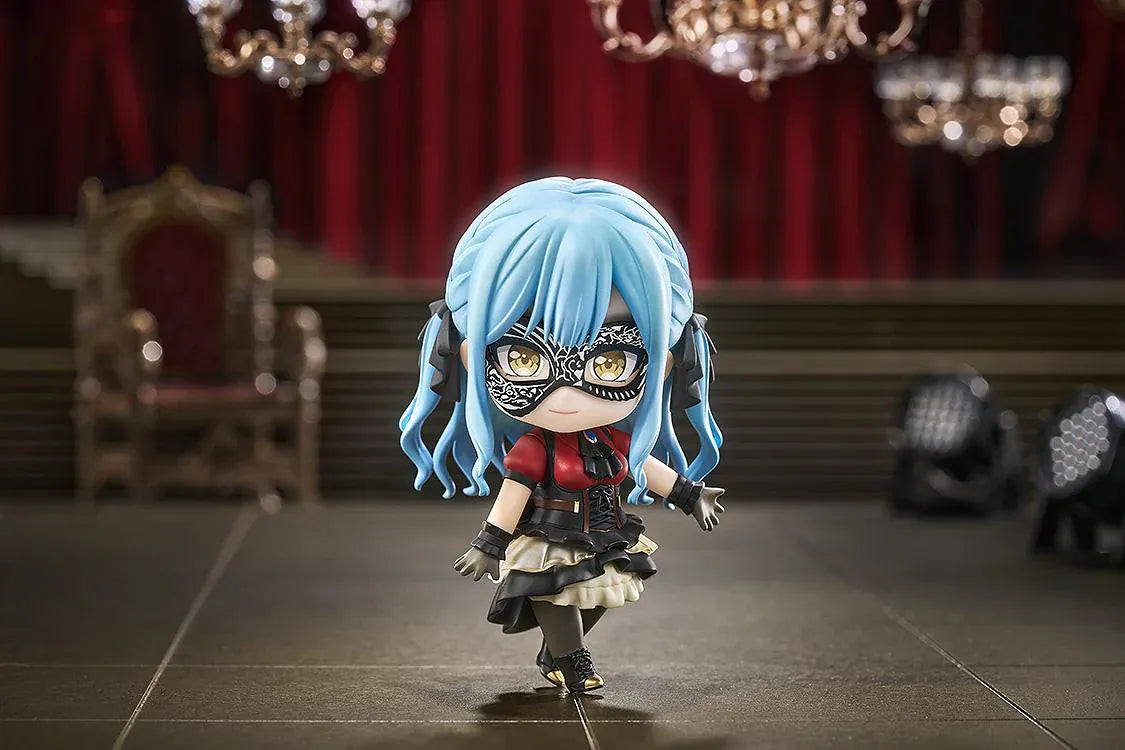 BanG Dream Nendoroid Oblivionis Figure with blue twin-tail hair, black masquerade mask, gothic outfit, and seated pose