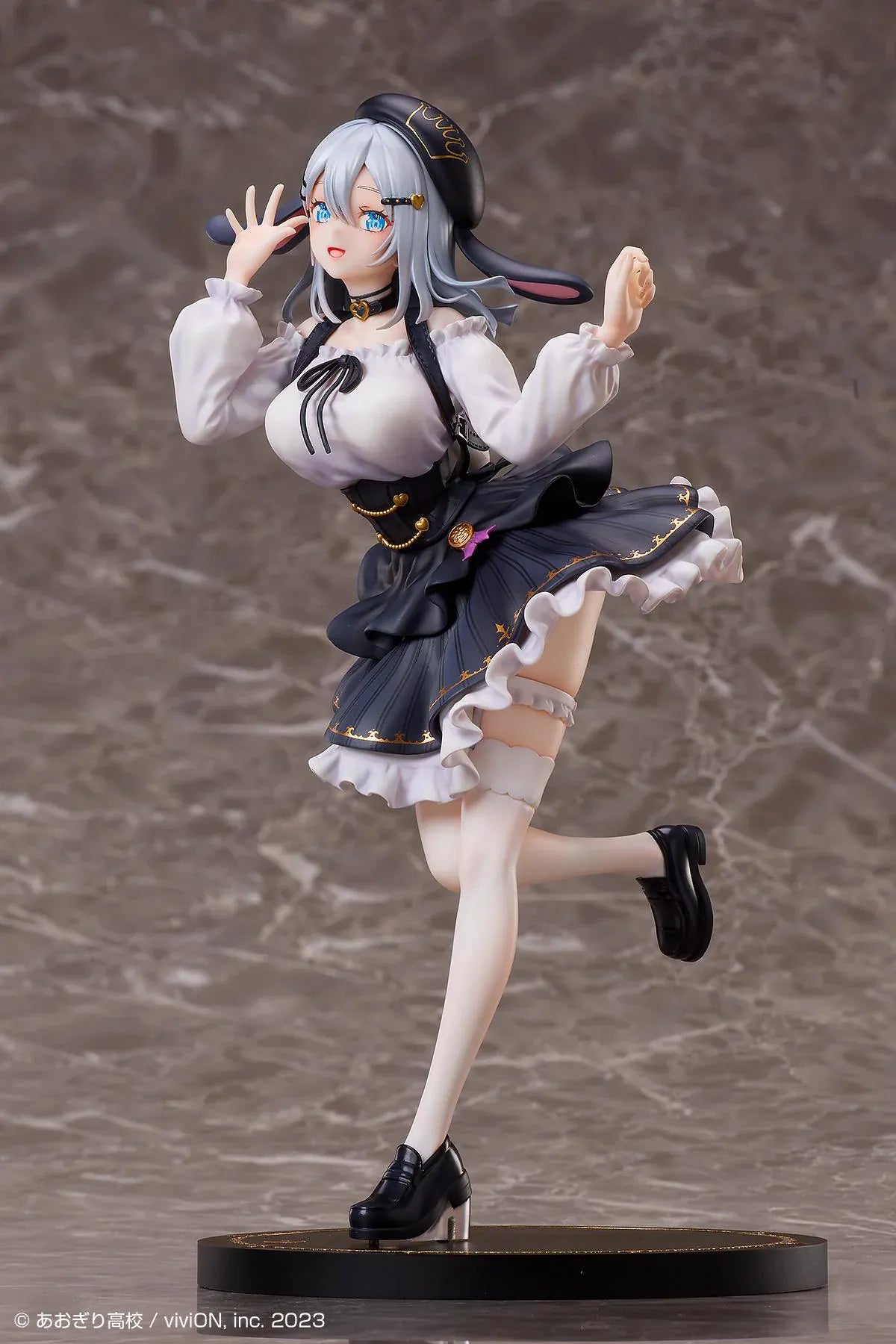 Aogiri High School Yamaguro Nekuro Casual Outfit Ver. 1/7 scale figure featuring a black-and-white dress, silver hair, bunny-inspired beret, and elegant display base