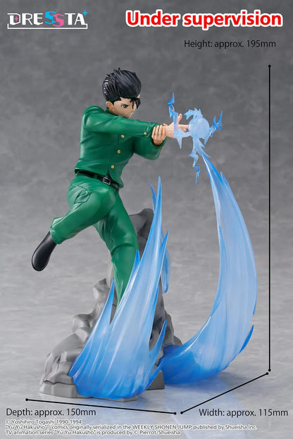 Yu Yu Hakusho Dressta Yusuke Urameshi Figure in green school uniform with blue spirit energy effect and rocky display base