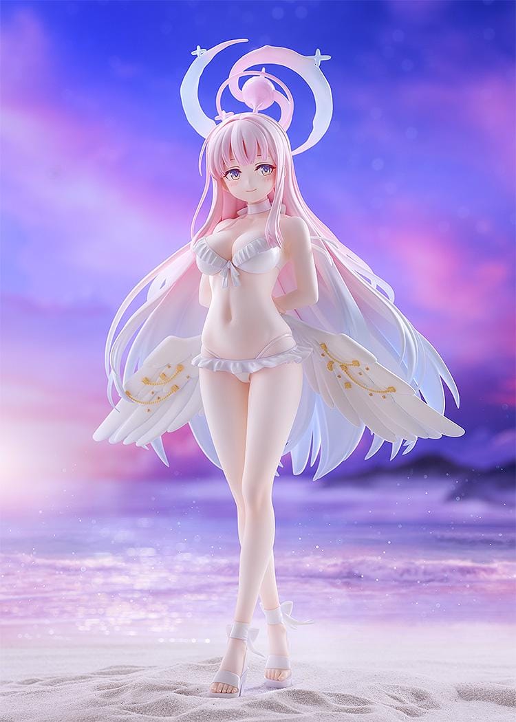 Blue Archive Mika Swimsuit figure with long pink and lavender hair, a white ruffled swimsuit, halo, feathered wings, and ribbon heels on a purple base.