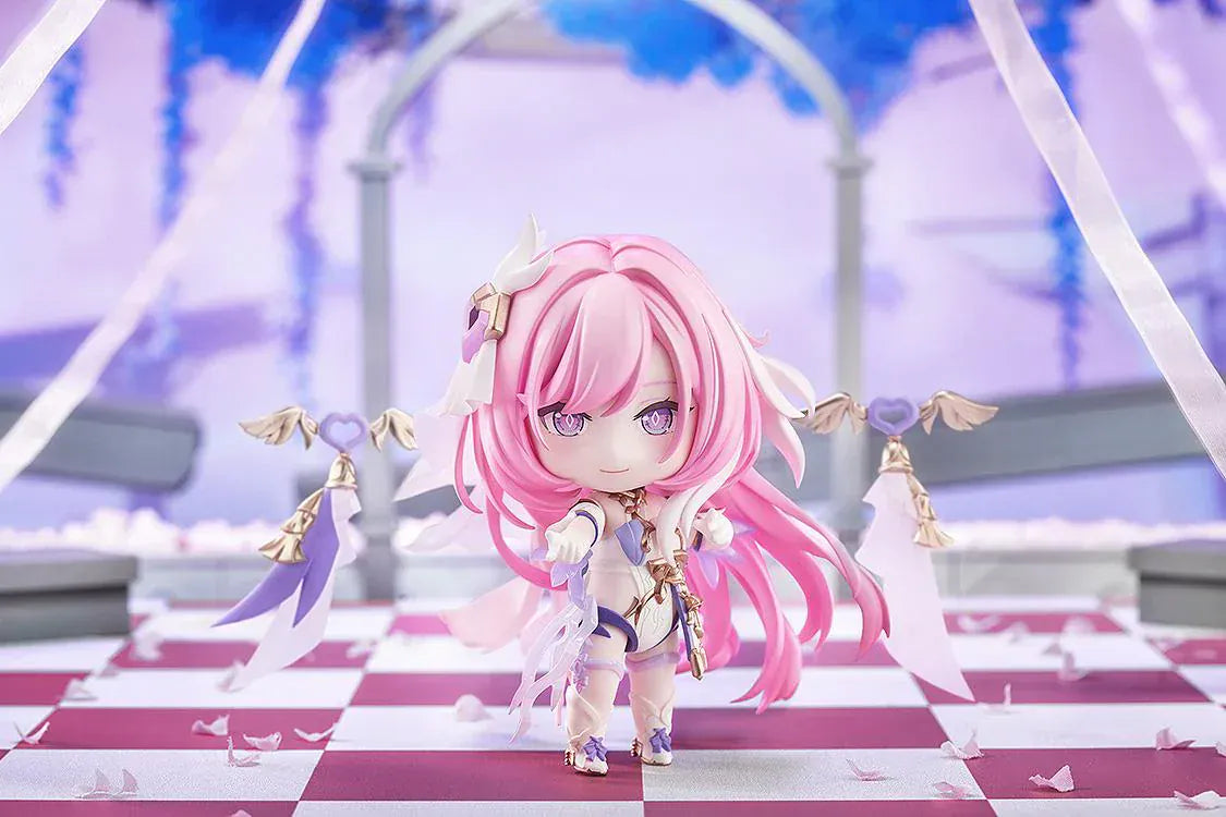 Honkai Impact 3rd Nendoroid No.2916 Elysia Herrscher of Human Ego chibi figure with pink hair, white and purple outfit, and wing accessories