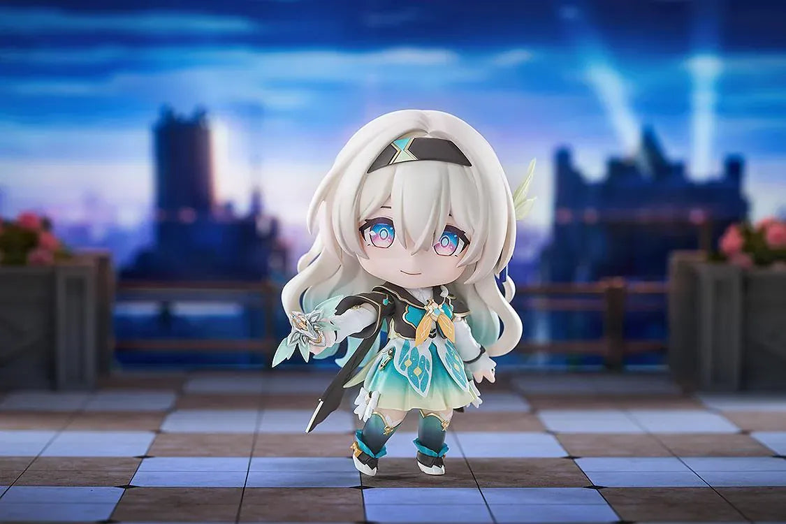 Honkai Star Rail Nendoroid Firefly Figure with teal white and gold outfit flowing hair and character accessory