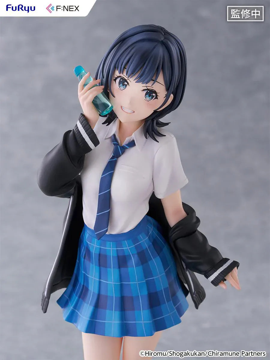 Chitose Is in the Ramune Bottle Yuzuki Nanase 1/7 Scale Figure with short dark hair, blue plaid skirt, school uniform outfit, drink bottle accessory, and display base