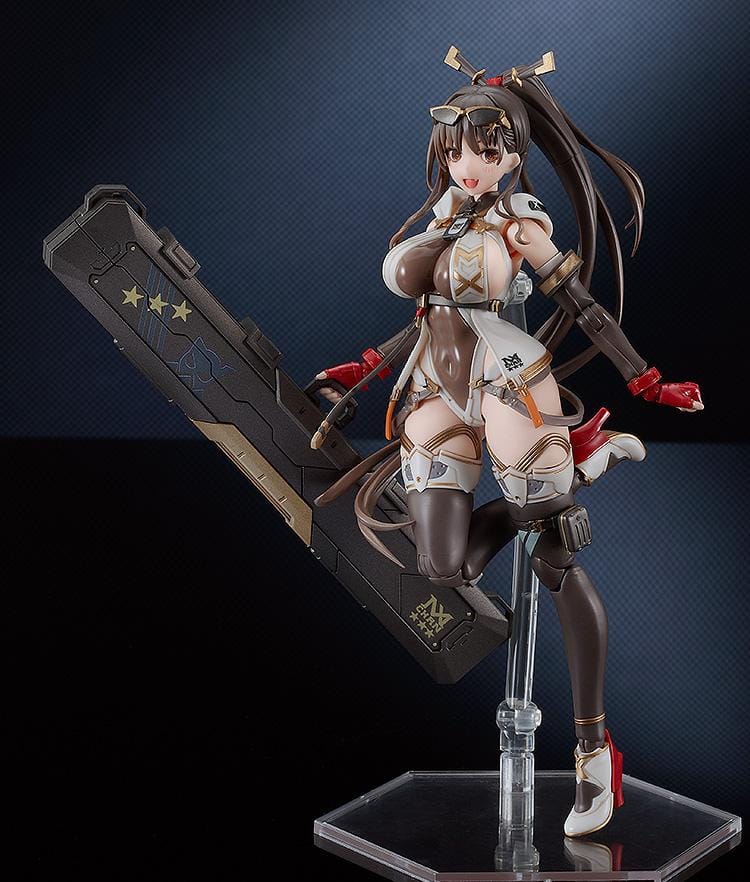 PLAMATEA MX-chan Model Kit featuring MX-chan in a black, white, and brown tactical outfit with red gloves and a large weapon case