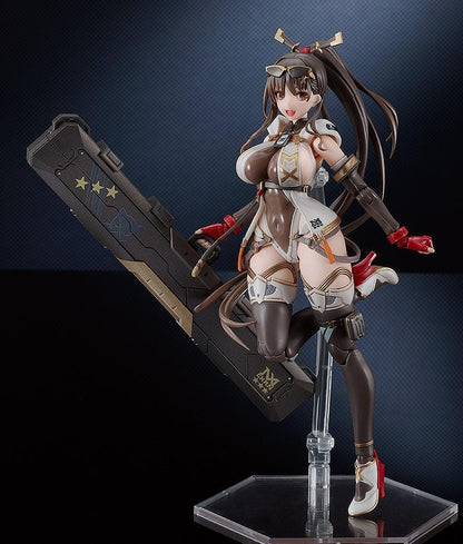 PLAMATEA MX-chan Model Kit featuring MX-chan in a black, white, and brown tactical outfit with red gloves and a large weapon case