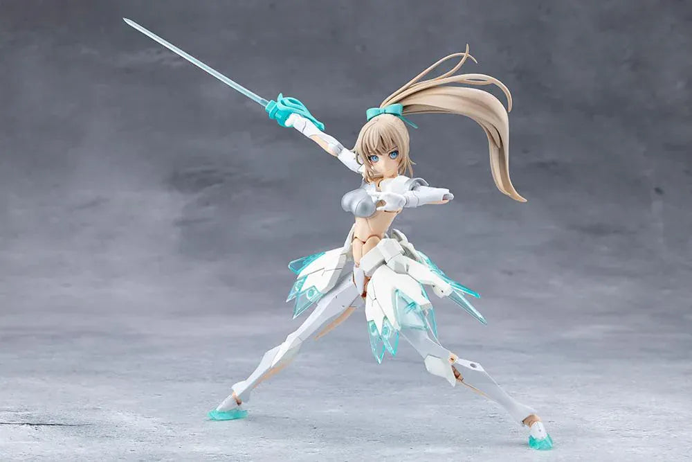 Megalomaria Unlimited Universe Emulator model kit wearing white armor with translucent teal parts and wielding teal weapons.