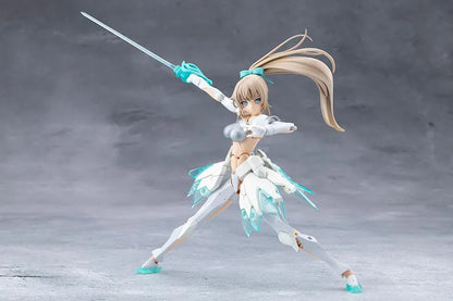 Megalomaria Unlimited Universe Emulator model kit wearing white armor with translucent teal parts and wielding teal weapons.