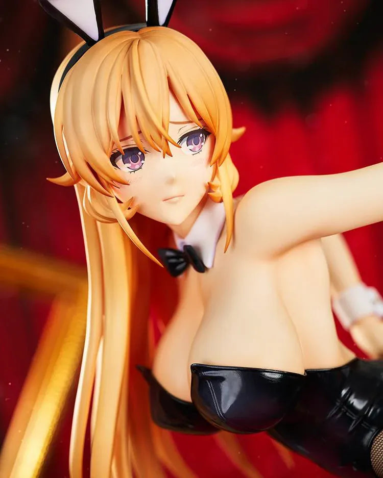 Erina Nakiri Bunny Ver. figure with long golden hair, purple eyes, black bunny ears and outfit, white cuffs, patterned tights, and black heels.