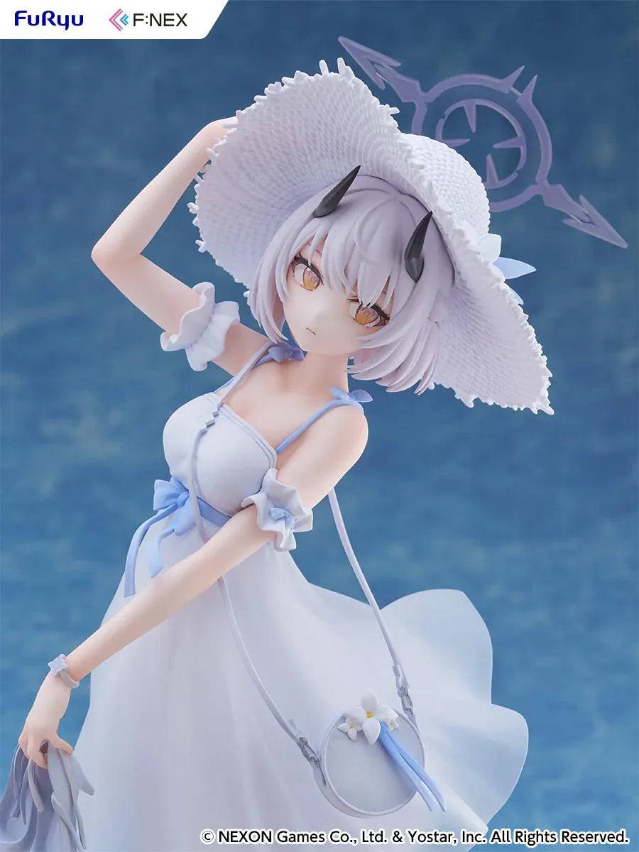 Blue Archive Sena Casual 1/7 Scale Figure featuring Sena with short silver hair, white dress, wide-brim hat, sandals in hand, and seaside-themed display base.