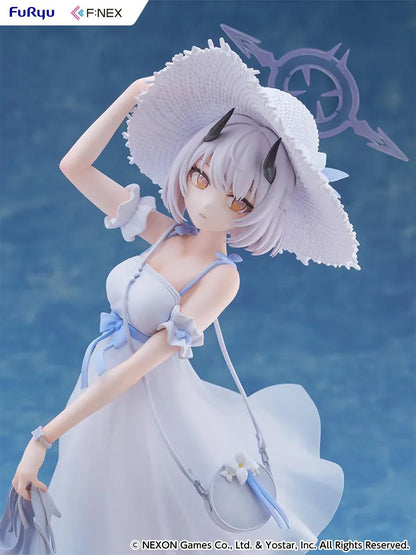 Blue Archive Sena Casual 1/7 Scale Figure featuring Sena with short silver hair, white dress, wide-brim hat, sandals in hand, and seaside-themed display base.
