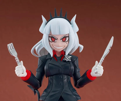 Helltaker figma Lucifer Figure with white hair, black horns, devil tail, black suit, and wine glass accessory