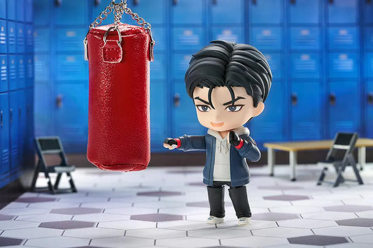 Jinx Nendoroid Joo Jaekyung Figure featuring Joo Jaekyung in a chibi style with black hair, casual hoodie outfit, and drink accessory.