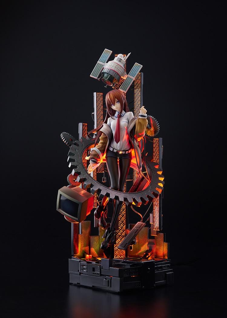 Kurisu Makise 1/7 scale figure surrounded by gears, binary-patterned panels, a satellite, retro monitor, and computer equipment with red-orange accents.