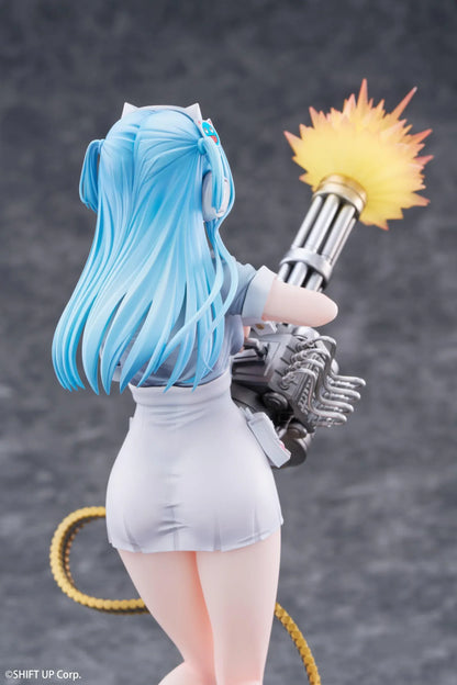 Goddess of Victory Nikke Shifty Illustration Panic Sight Deluxe Ver. 1/7 Scale Figure featuring Shifty with blue hair, tactical outfit, oversized weapon, firing effect, and ammo belt display details.