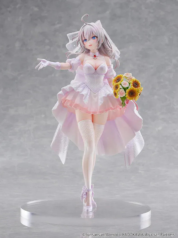 “KD Colle Alisa Mikhailovna Kujou Wedding Dress Ver. 1/7 Scale Figure standing in a flowing white and pink bridal gown holding a flower bouquet.”