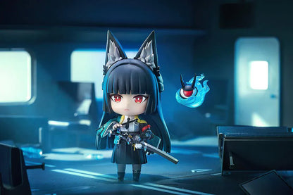 Nendoroid Miyabi Hoshimi with fox ears, black hair, katana, and blue spirit effect part.