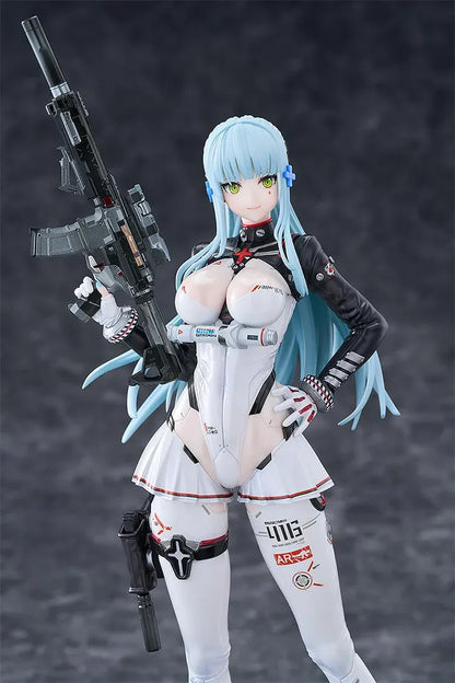 Girls' Frontline 2 Exilium Klukai Speed Star figure with light blue hair, a white and black outfit, cap, goggles, and rifle on a blue display base.