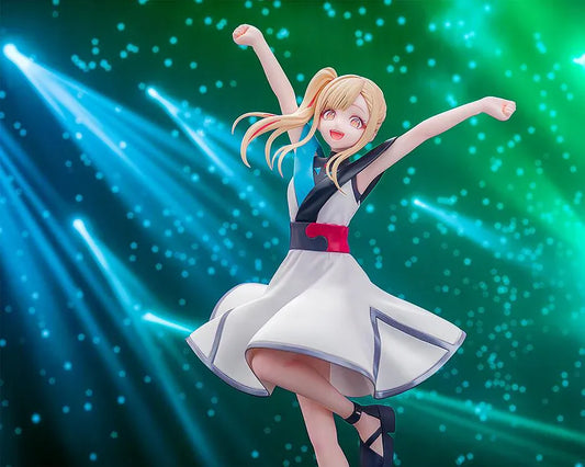 Kaguya Collaboration Concert Ver. figure with blonde hair, raised arms, a white dress with turquoise and black accents, and black ankle-strap shoes.