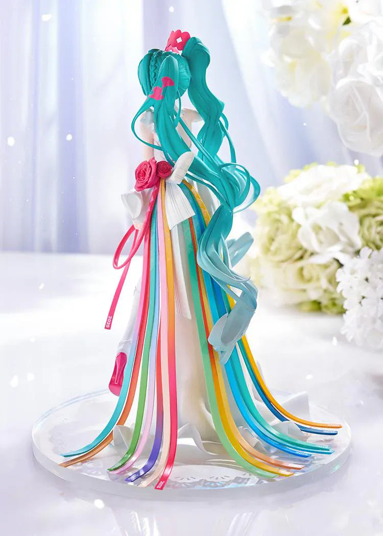 GOOD SMILE RACING G.S. Collection Racing Miku 15th Rhapsody 2010-2025 1/7 Scale Figure with white outfit, teal twin-tails, red rose, and colorful ribbons