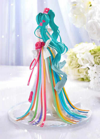 GOOD SMILE RACING G.S. Collection Racing Miku 15th Rhapsody 2010-2025 1/7 Scale Figure with white outfit, teal twin-tails, red rose, and colorful ribbons