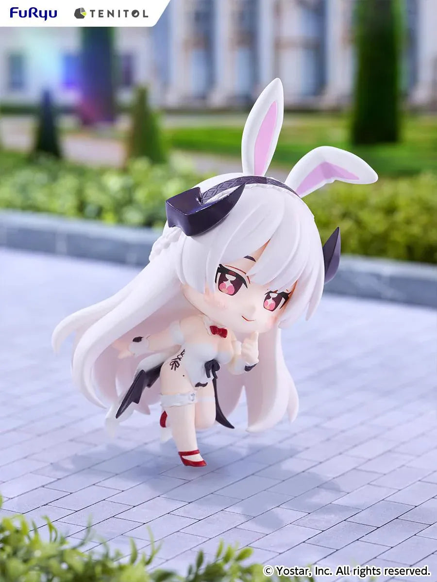 Stella Sora TENITOL Mini Virigia Bunny Figure by FuRyu featuring a white-haired anime girl with pink eyes, oversized bunny ears, a white bunny outfit with black accents, red bow tie, and matching shoes in a playful pose.