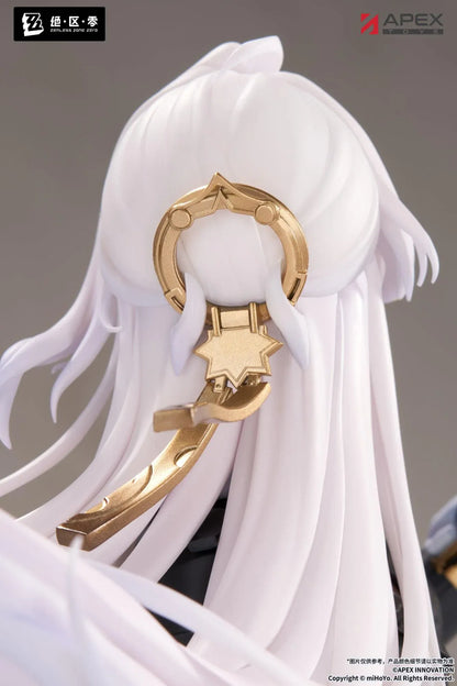 Zenless Zone Zero Limepie Yixuan Trails of Ink Ver. 1/8 Scale Figure by APEX Toys featuring a white-haired anime woman with golden eyes wearing a black outfit with white embroidered accents, sheer stockings, and black heels while holding a small brown bird on a circular display base.