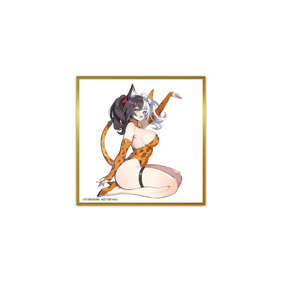 Astral Party Nancy Lu 1/6 Scale Figure featuring a black and white-haired anime girl with purple eyes wearing an orange leopard-print bodysuit, animal ears, and a spotted tail in a playful kneeling pose, accompanied by matching illustrated artwork.