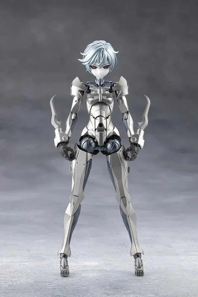 Megalomaria Unlimited Universe Wreckage Hunter model kit with white mechanical armor, a large rifle, weapon tail, and futuristic motorcycle.