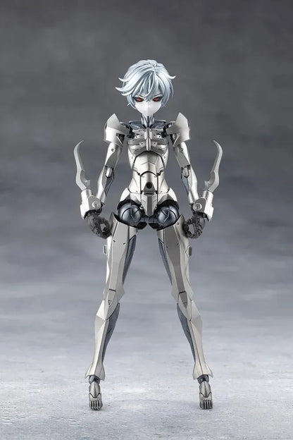 Megalomaria Unlimited Universe Wreckage Hunter model kit with white mechanical armor, a large rifle, weapon tail, and futuristic motorcycle.