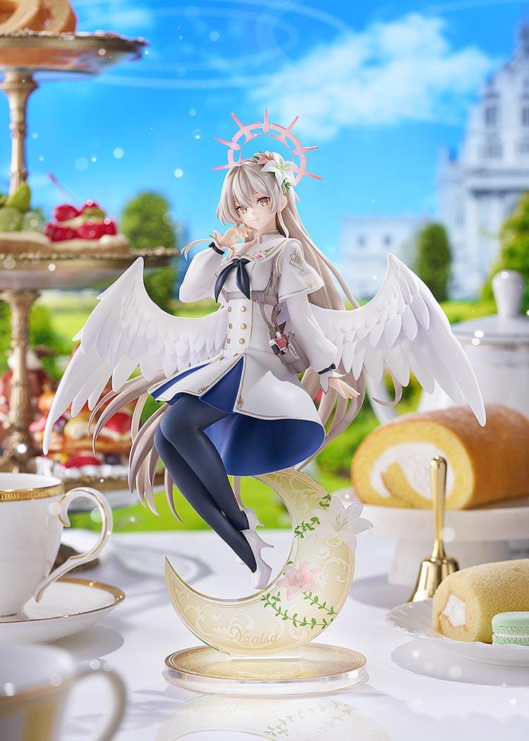 Blue Archive G.S. Collection Nagisa Radiance in Bloom 1/7 Scale Figure with white angel wings, floral halo, flowing uniform, and decorative crescent moon base