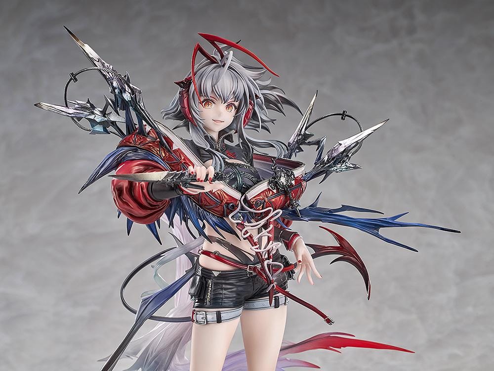 Arknights Wiš'adel 1/7 scale figure with silver-gray hair, red horns, a red-and-black outfit, angular weapon details, and a circular base.