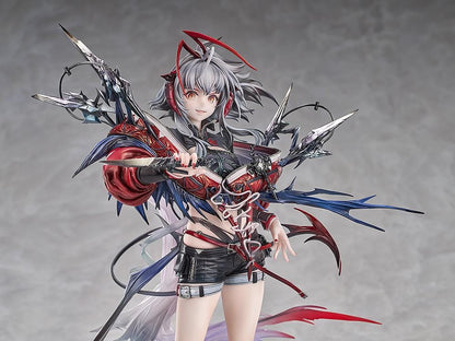 Arknights Wiš'adel 1/7 scale figure with silver-gray hair, red horns, a red-and-black outfit, angular weapon details, and a circular base.