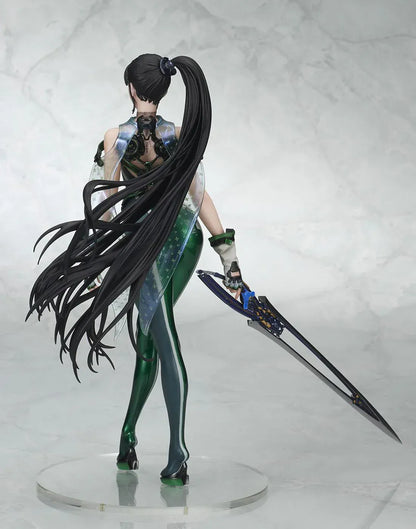 Stellar Blade Eve non-scale figure in a futuristic green and gray combat suit holding a long sword with flowing black hair