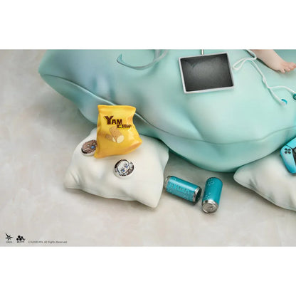 Girls' Frontline 2 Exilium Florence Marvellous Herb Cake Ver. 1/7 Scale Figure seated on a cushion with mint hair, phone accessory, pillows, snacks, and game controller details