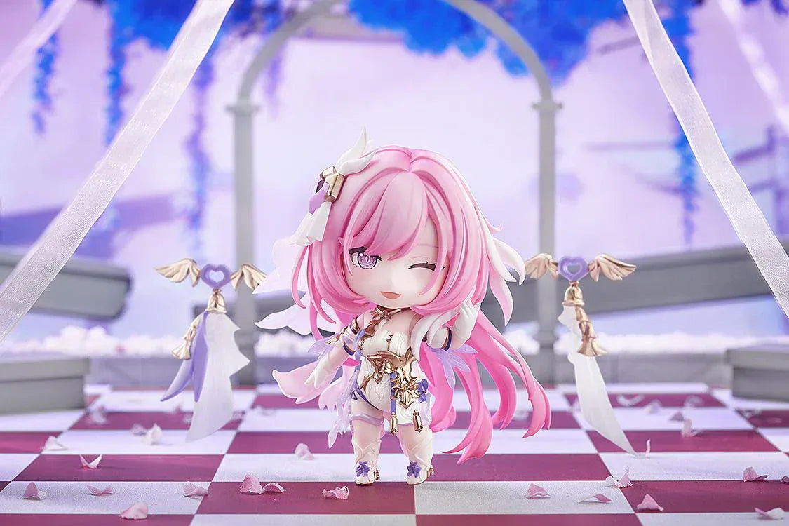 Honkai Impact 3rd Nendoroid No.2916 Elysia Herrscher of Human Ego chibi figure with pink hair, white and purple outfit, and wing accessories