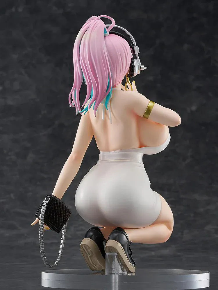 Nitroplus Pop Up Parade L Super Sonico 15th Mini Dress Ver figure kneeling in white dress with headphones and pastel hair