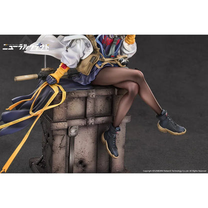 Girls' Frontline Neural Cloud Klukai 1/7 Scale Figure with long silver hair, military-inspired outfit, weapon accessories, seated pose, crate-style base, and bonus item